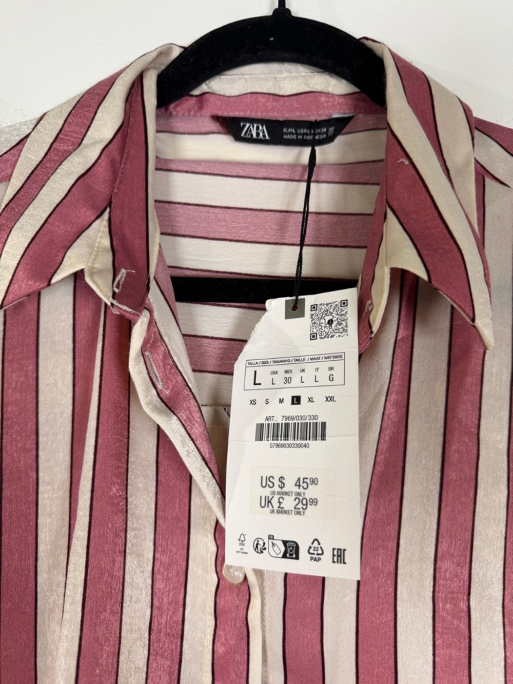 Zara women’s rose and Cream Vertical Stripe Button-Down Shirt - Picture 2 of 3